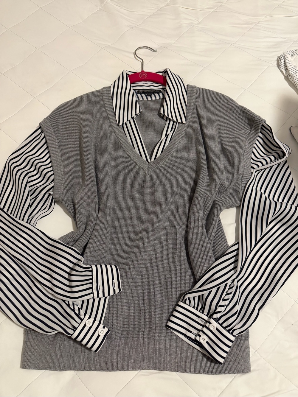 Adrianna Papell Gray V-Neck Sweater Vest with Black & White Striped Shirt